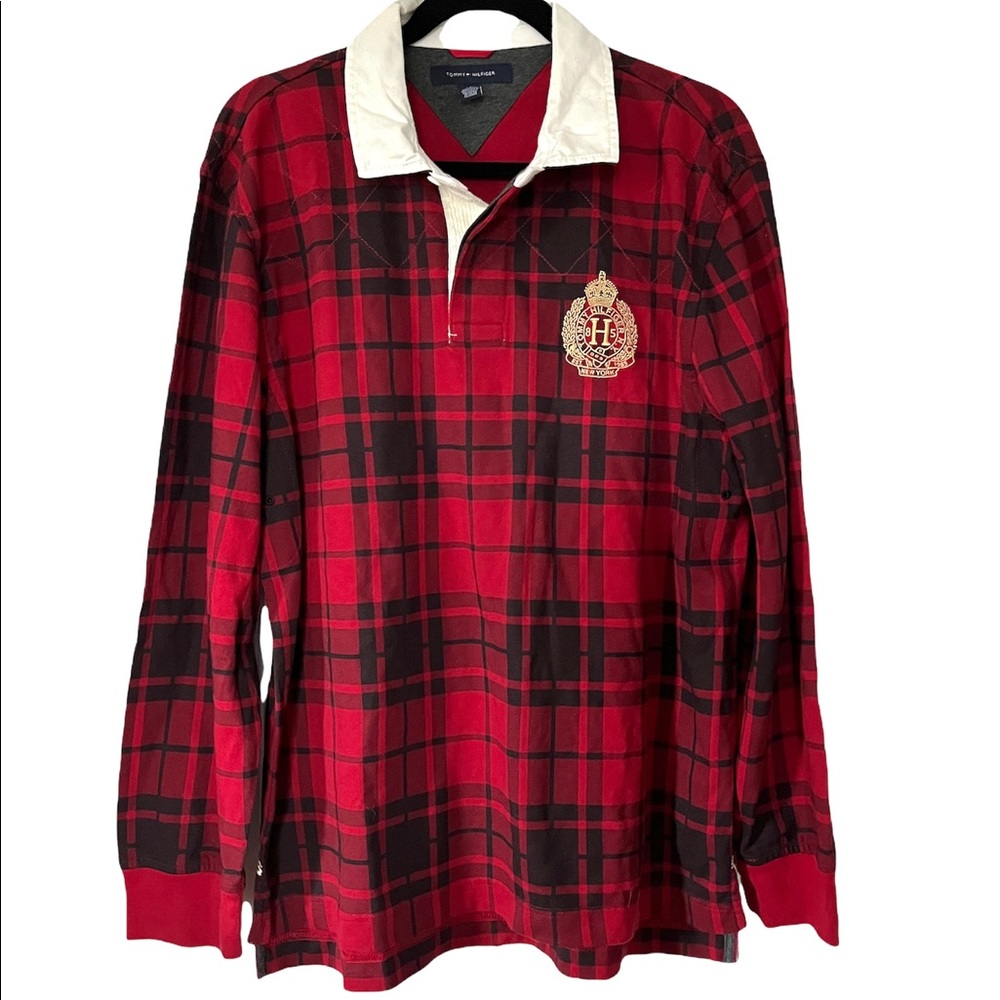 TOMMY HILFIGER•red plaid polo rugby long sleeve shirt L NWT